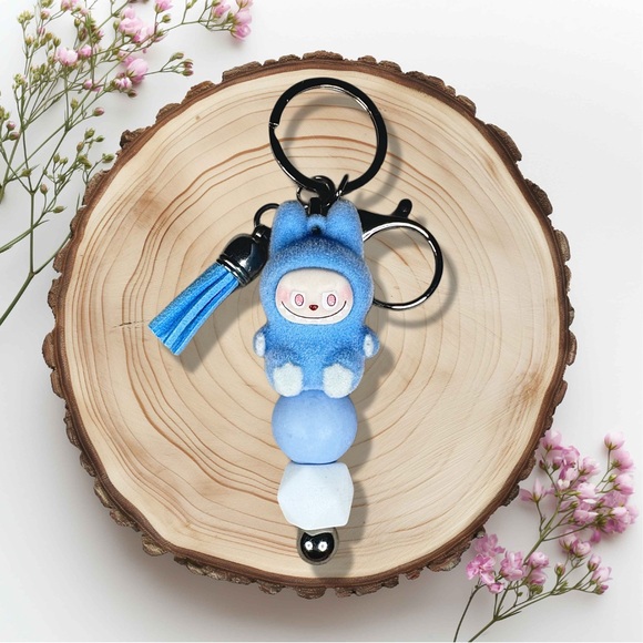 Handmade Accessories - Labubu Hot Blue The Monsters Flocked Keychain with Matte Bead